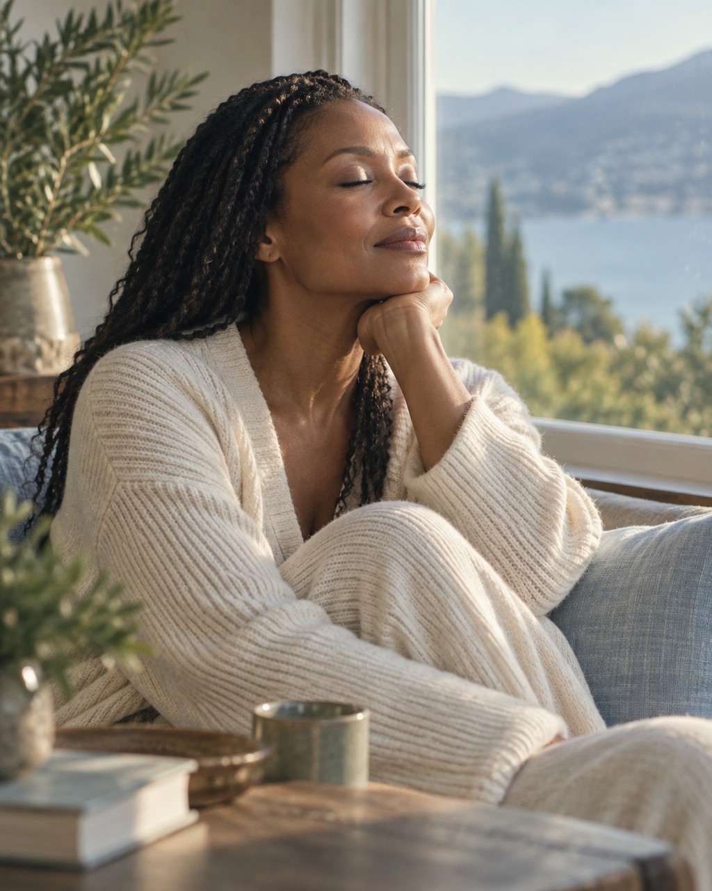 A woman sitting peacefully by a sunlit window with her eyes closed
