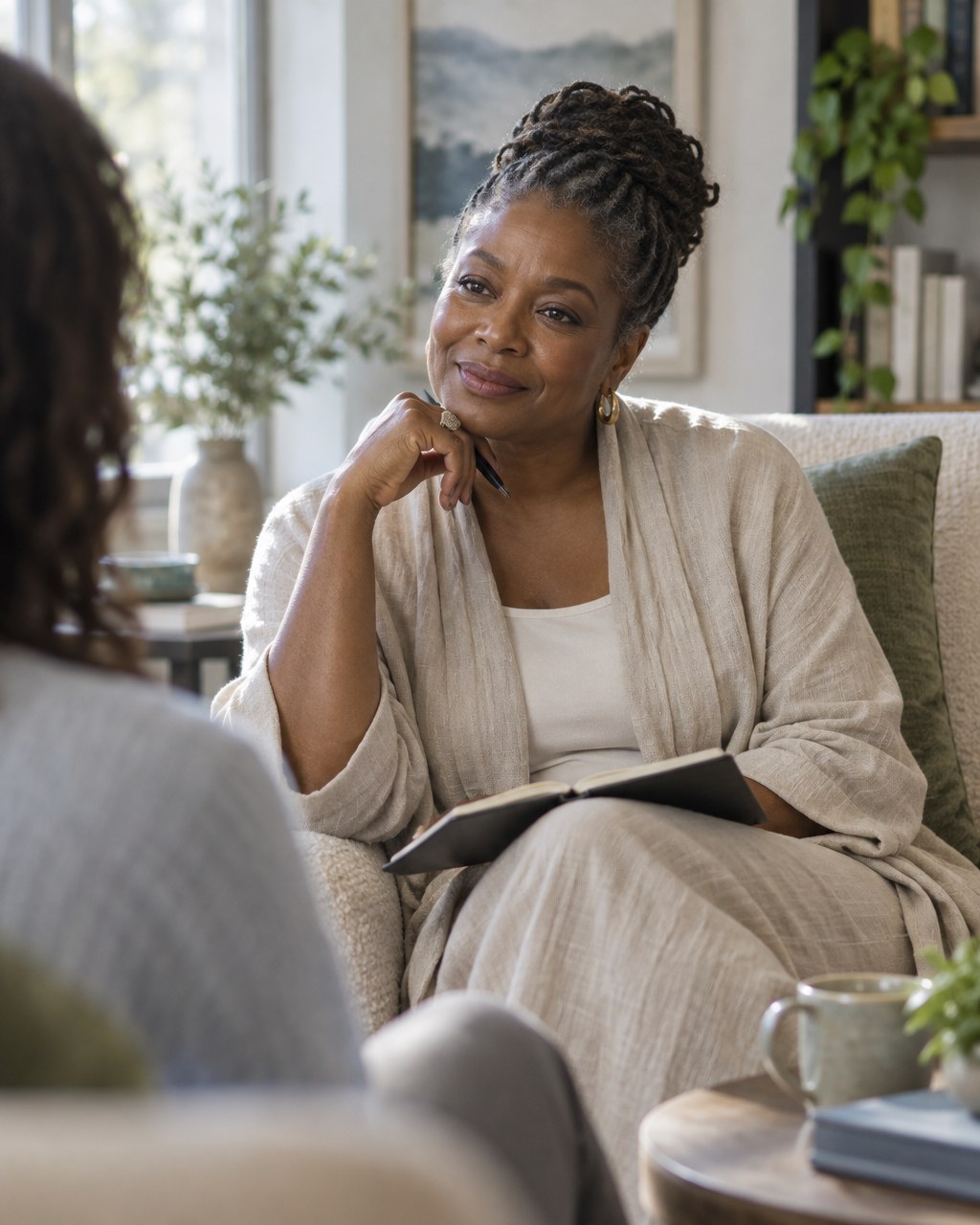 A therapist listening attentively during a counseling session