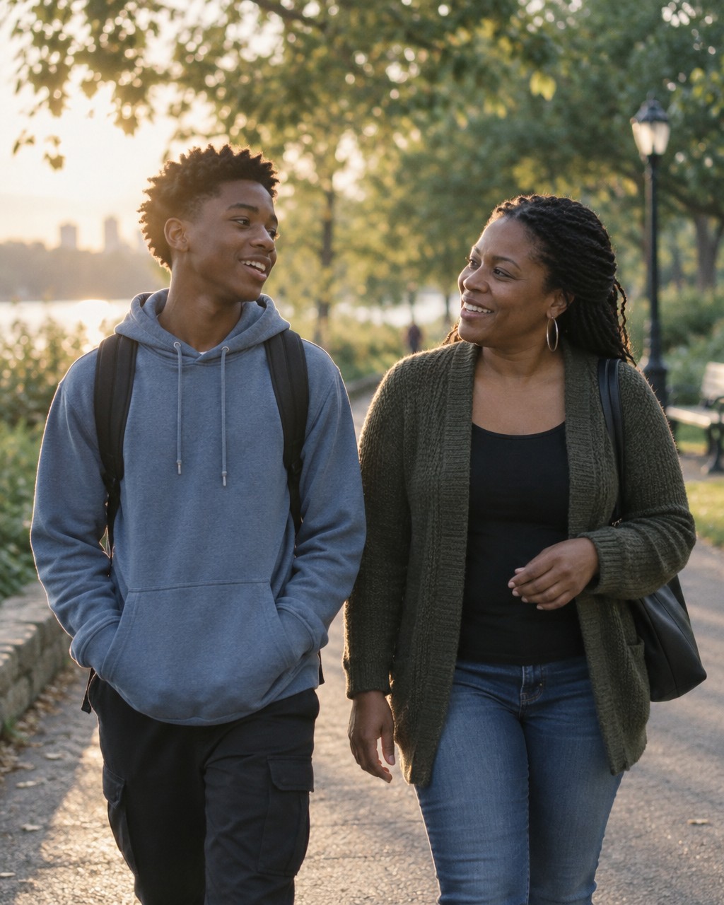 A mother and her teenage son walking together on a sunlit path